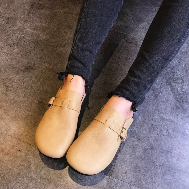 

Brand Designer Women Slippers Slip On Mules Flat Casual Shoes Genuine Leather Retro Style Buckle Slides Ladies Summer Footwear