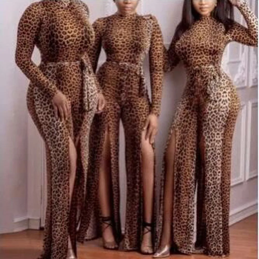 

Leopard Print Bodycon Long Jumpsuit Women Sexy Lady Autumn Night Club Party Plus Size Belted Split Vintage Velvet Winter Overall