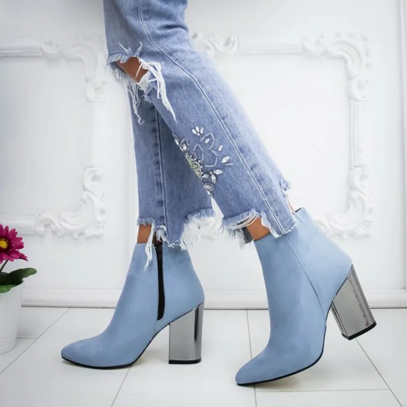 

PUIMENTIUA Autumn Winter Ankle Boots Women Solid Suede Pumps Female Square Heel Pointed Toe Botas Classic Shoes Ladies Boot