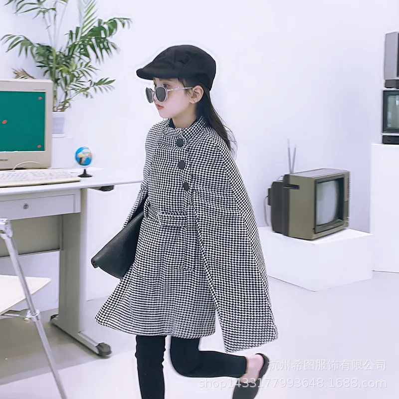 

Girls cloak coat 2019 winter new thick houndstooth long section net red coat shawl coat