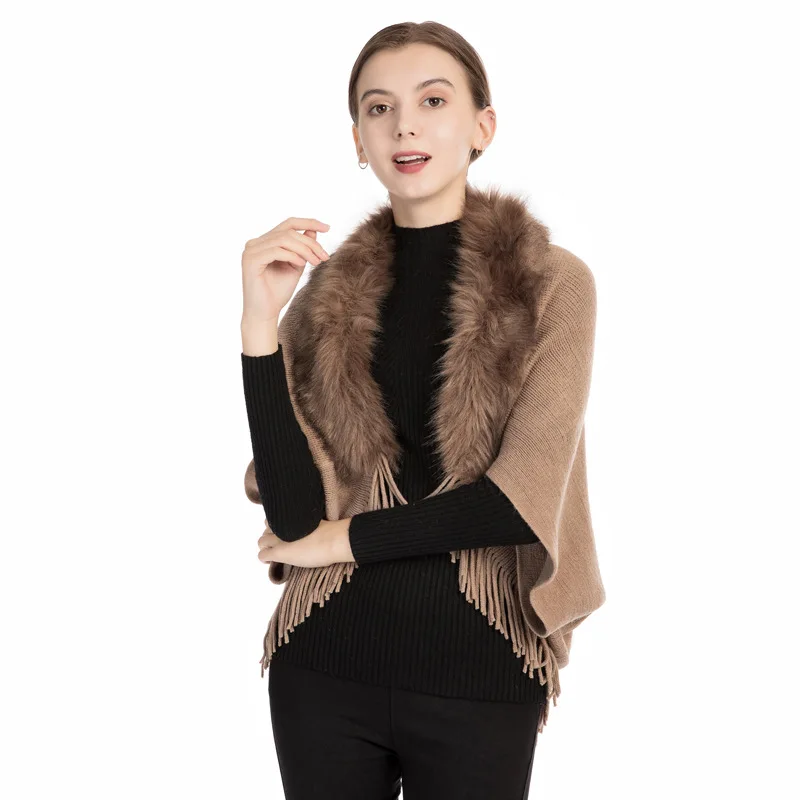 Khaki OMEA Fur Collar Poncho Women Winter Knitted Pullover Poncho with Tassel Women Shawl Solid Color Female Ponchos and Capes Ladies - Цвет: Khaki
