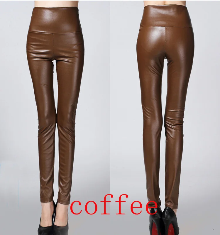 Высококачественные штаны из искусственной кожи для женщин, зимние женские штаны с высокой талией из эластичной искусственной кожи, флисовые Стрейчевые узкие женские брюки-карандаш - Цвет: coffee