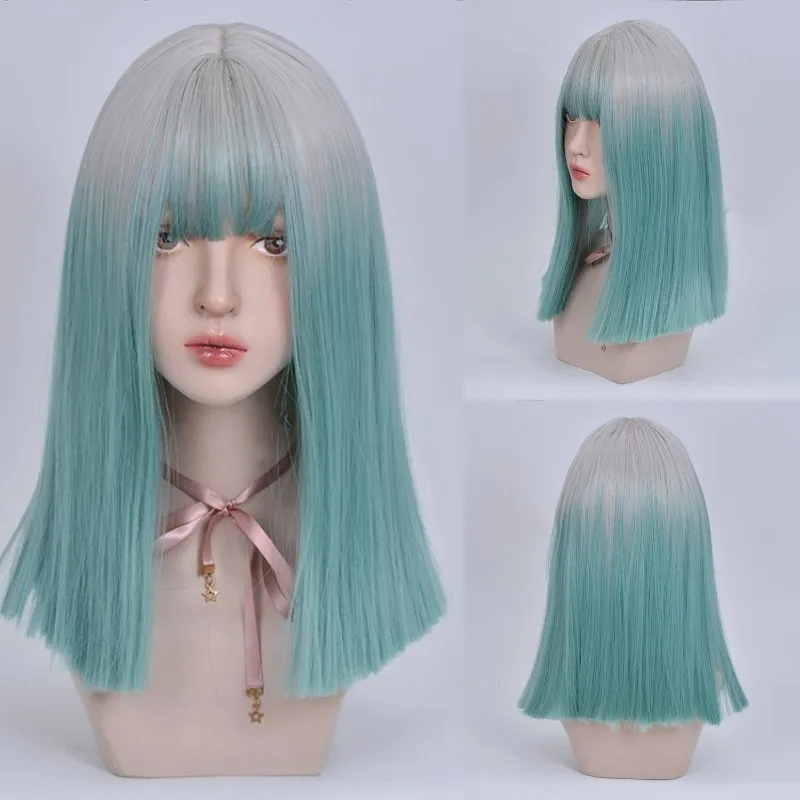 VICWIG Synthetic High Temperature Fiber Long Straight Wigs for Women Purple Gray Green Cosplay With Bangs Natural Hairpieces