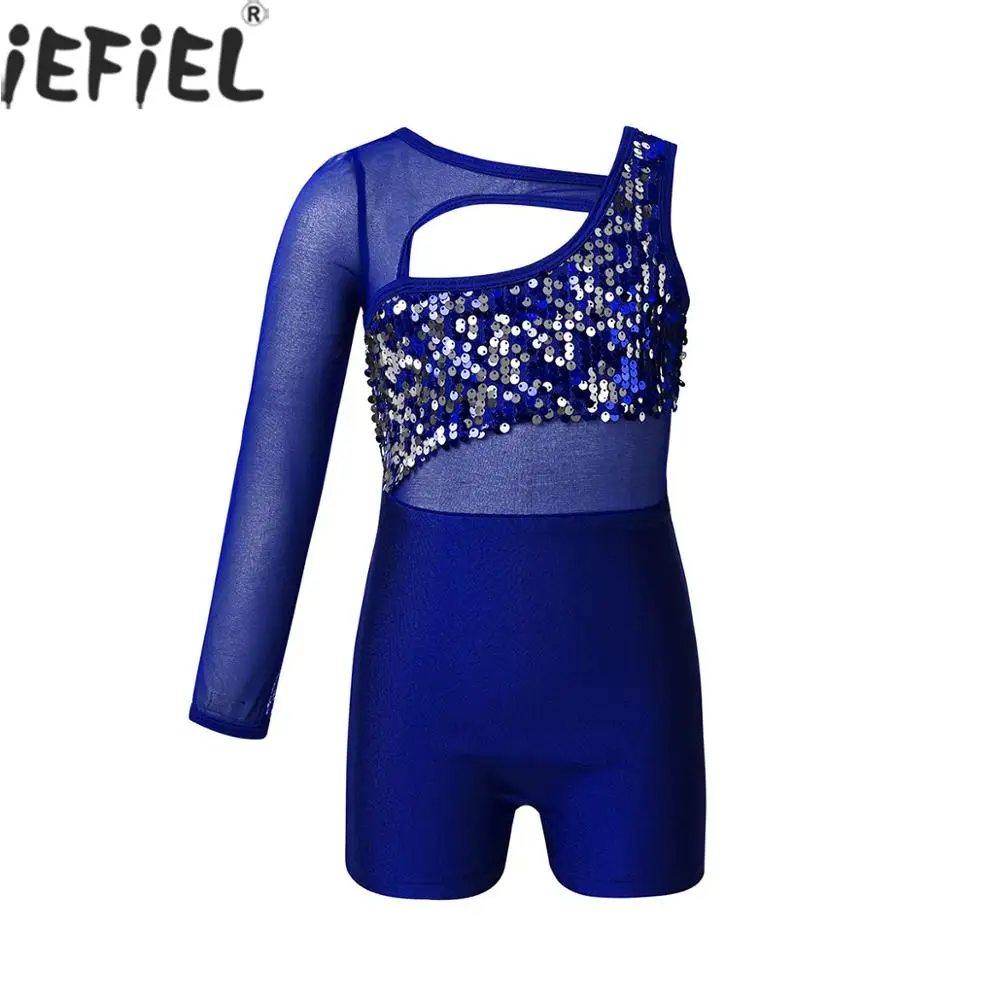 Kids Girls One Mesh Sleeve Shiny Sequins Cut Out Ballet Dance Costume Gymnastics Leotard Jumpsuit Ice Figure Skating Unitard |