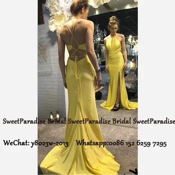 

Sexy Criss Crop Side Split Prom Dresses Mermaid 2020 Long Sweep Train Yellow Formal Evening Dress Vestido De Festa