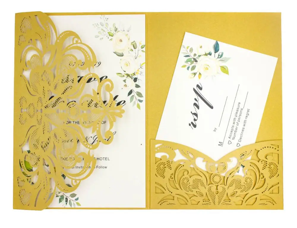 1 шт. свадебные пригласительные открытки белого, золотого, темно-синего цвета с цветком, три раза, блестящая лазерная резка, карман, пригласительный конверт