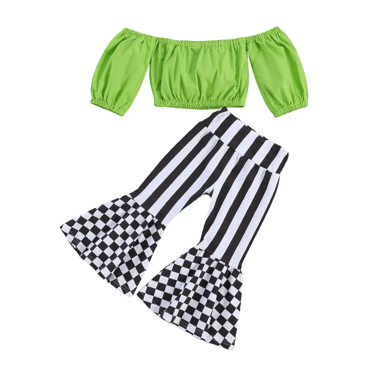 FOCUSNORM модные детские комплекты одежды для девочек с открытыми плечами зеленые
