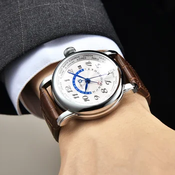 

Corgeut 43mm Mechanical Watch Men White Dial Leather Strap Luxury Brand Calender Date GMT Automatic Waterproof Men's watch