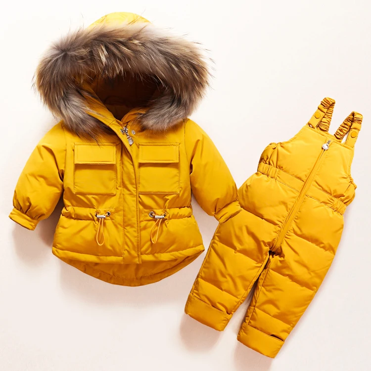 Комплект зимней одежды для детей; одежда для маленьких мальчиков и девочек; Детский Теплый пуховик; комбинезон; зимний комбинезон; парка; комбинезон с натуральным мехом; пальто - Цвет: Цвет: желтый