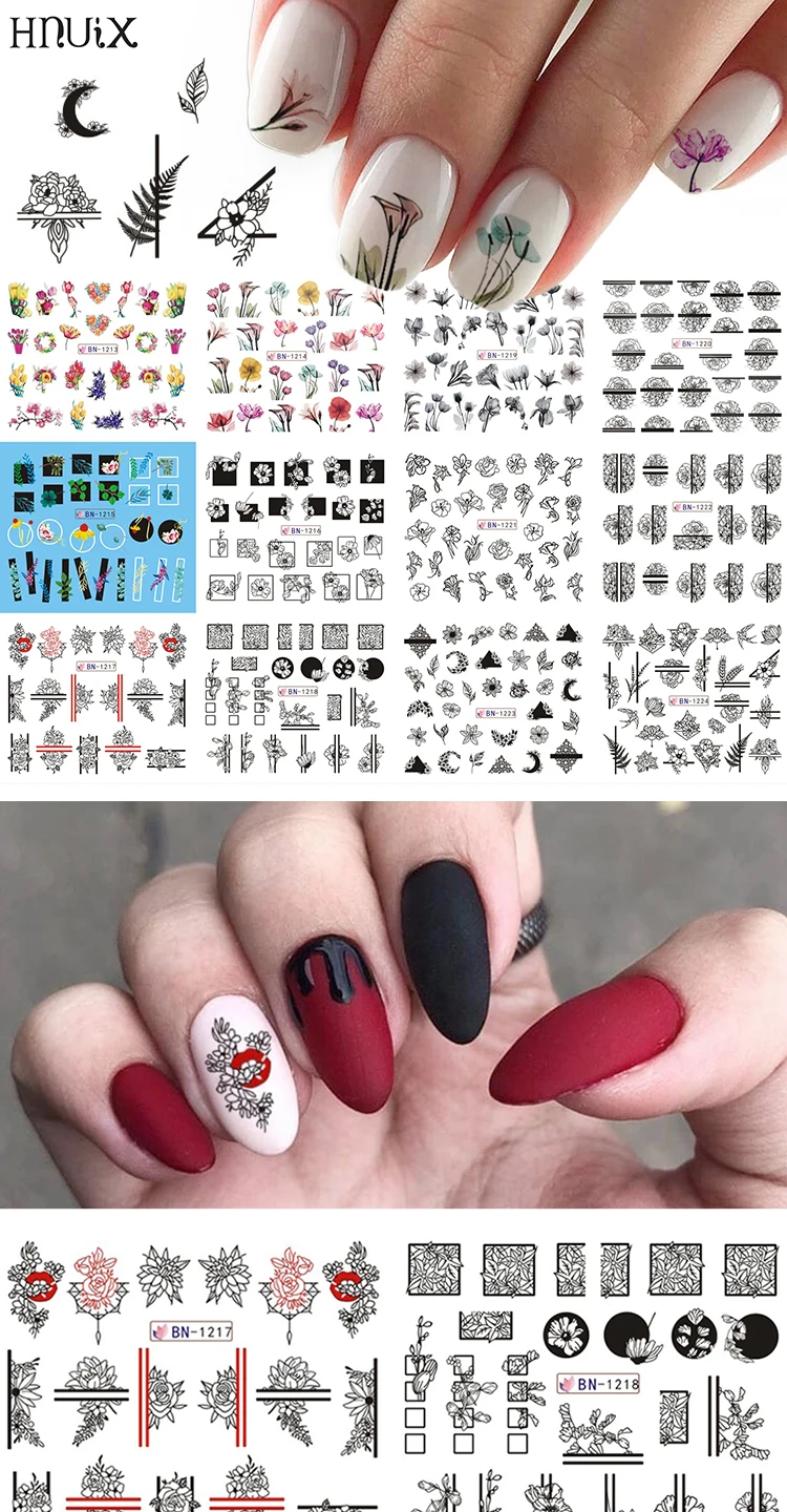 HNUIX 12 дизайнерские наклейки для ногтей набор смешанных цветочных геометрических сексуальных девушек для дизайна ногтей Переводные переводные наклейки татуировки Слайдеры для маникюра