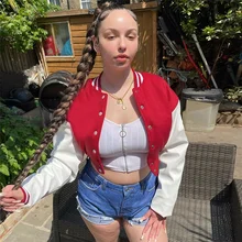 PU Patchwork Short Jacket Women Autumn Casual Single-breasted Long-sleeved Baseball Jacket Y2K Fashion Sports Sweatshirt