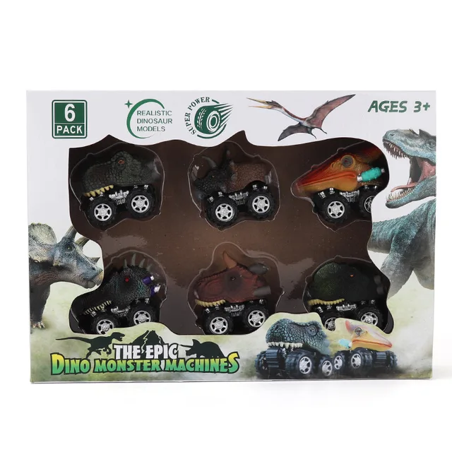 6pcs Set Toy Vehicle Dinosaur Model Mini Toy Car Inertial Back Small Truck For Kids Christmas Gift Set with Color Original Box color box