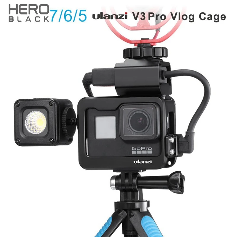  FFYY-Ulanzi V3 Pro Metal Vlog Case Cage for GoPro 7 6 5 Dual Cold Shoe Case with Microphone LED Vid - 4000244290999