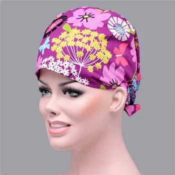 

Pure Cotton Nursing Hat Double-deck Absorb Sweat Flower Printed Scrub Cap Medical Adjustable Tieback Elastic Surgical Cap