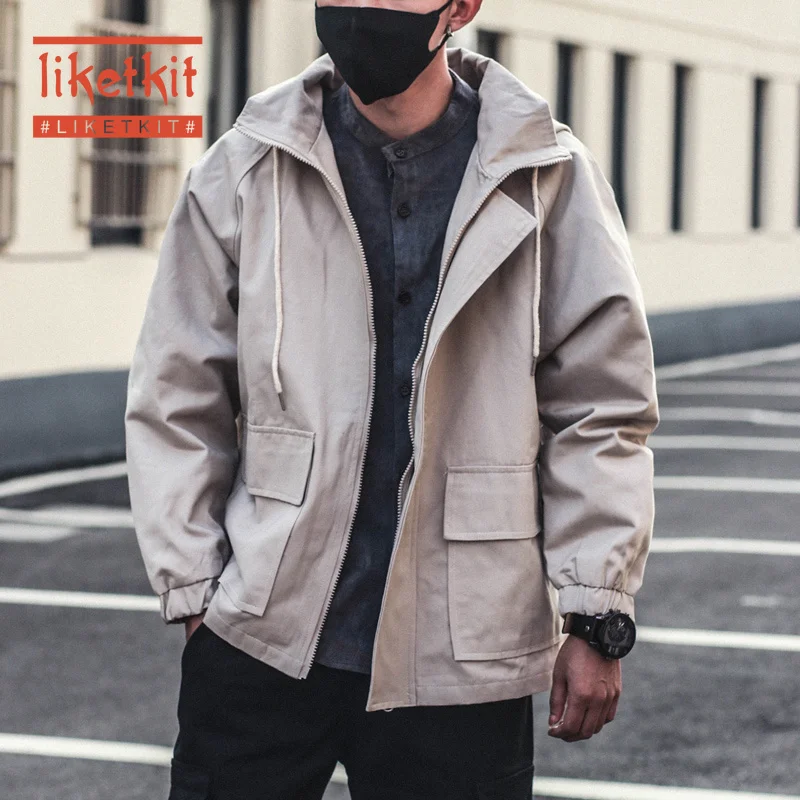 Liketkit mannen Japanse Streetwear 2019 Solid Loose Hip Hop Safari Hooded Jassen Man Casual Oversize Bomber Herfst Windjack