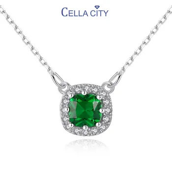 Cellacity Classic design Silver 925 Jewelry 10*10mm Gemstones Necklace for Women Emerald Sapphire Ruby Zircon Neck Ornament Gift