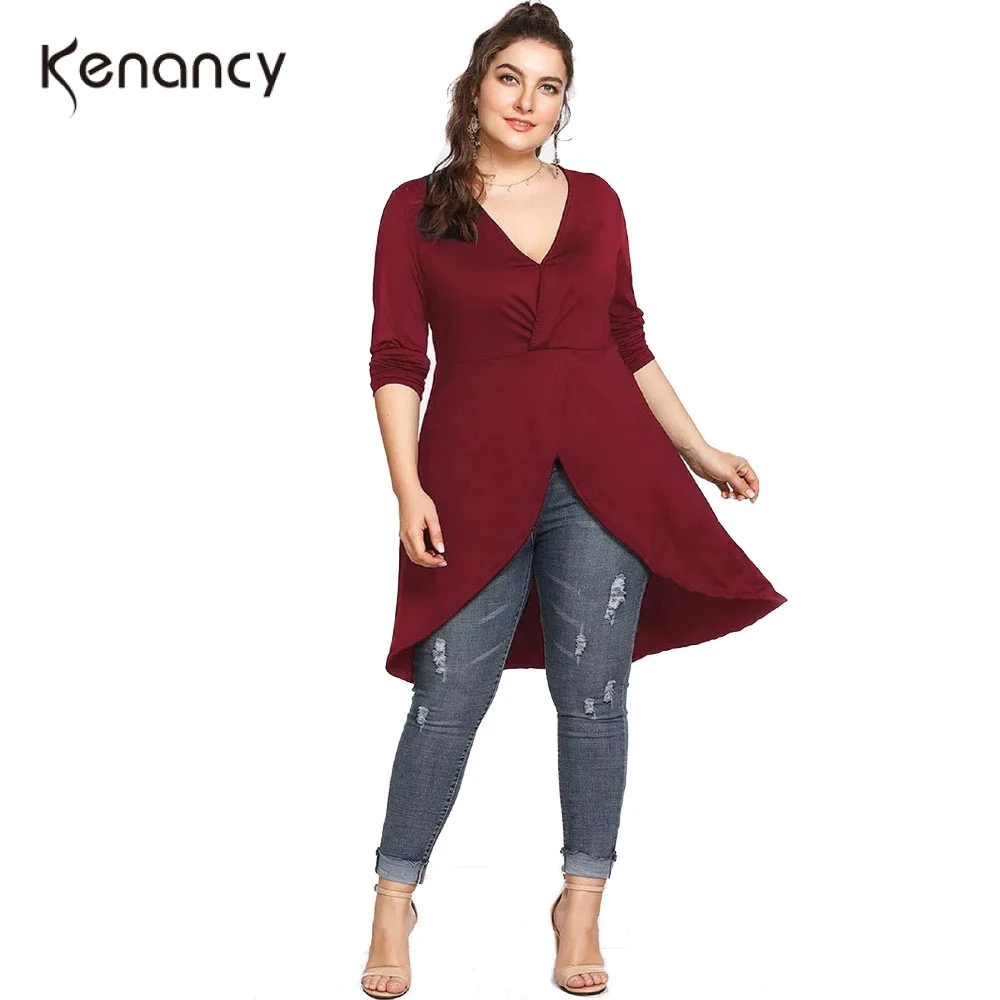 

Kenancy Plus Size Solid Casual Women Blouses Autumn Twisted V Neck Long Sleeve Tops Asymmetry Loose Streetwear Womens Shirts 5XL