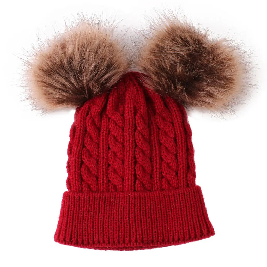 Шапка с помпонами для новорожденных мальчиков и девочек, зимняя теплая вязаная шапка с помпоном вязаная шапочка - Цвет: Красный