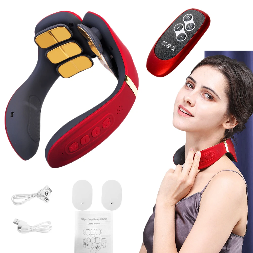 6 Head Remote Neck Massager Electric Cervical Vertebra Physiotherapy Neck Back Pulse Massage Pain Relief Relaxation Red