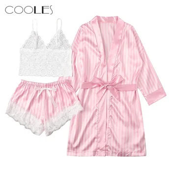 

2020 Robe Sets Bathrobe 3PC Women Lace Satin Wireless Bra Camisole Shorts Pajamas Sleepwear Stripe Robe Badjas халат женский