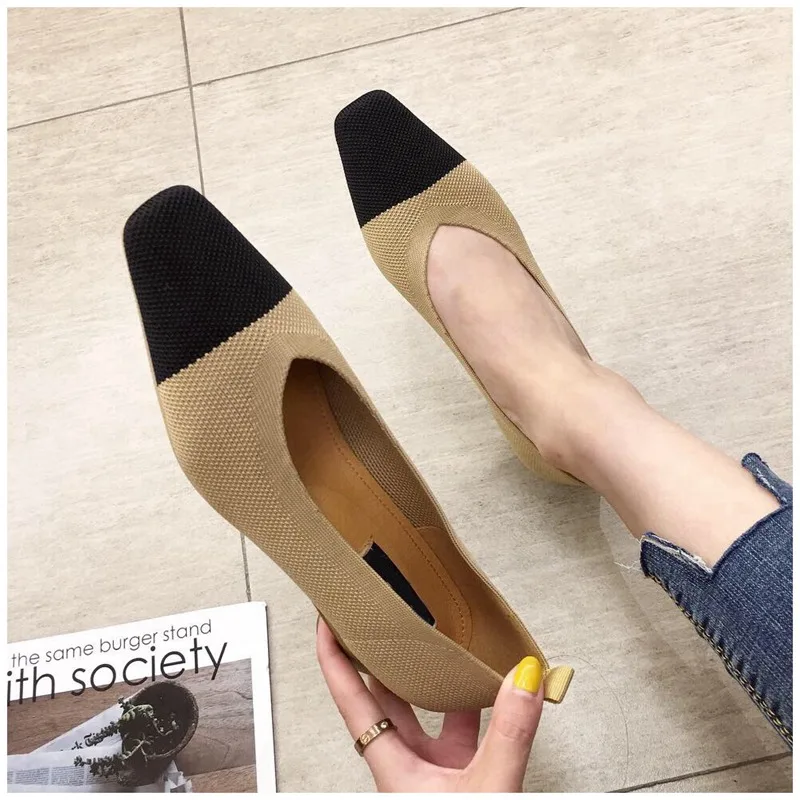 Bailehou New Female Slip On Flat Loafers Stretch Fabric Casual Flat Shoes Square Toe Shallow Ballet Flats Shoes Women Boat Shoes