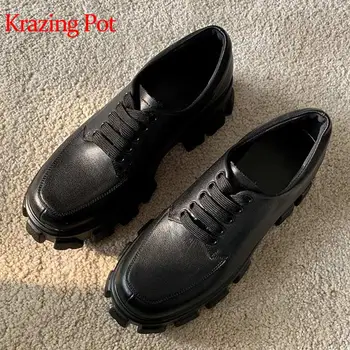 

Krazing pot 2020 full grain leather high heels round toe thick bottom British school style solid simple classic spring pumps L66