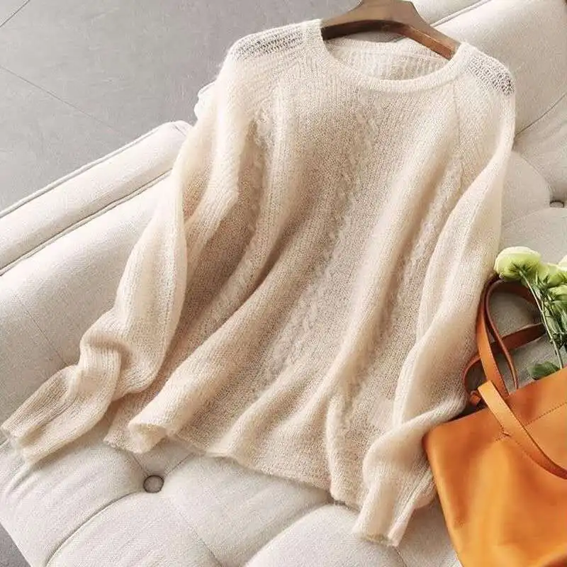 Long-sleeved Round Neck Thin Sweater Women Loose Solid Color Hollow Simple Bottoming Pullover Sweater Female Spring Summer 2020