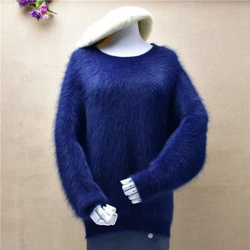 

ladies women fashion blue mink cashmere o-neck long sleeves loose pullover angora rabbit hair knitted winter warm jumper tops