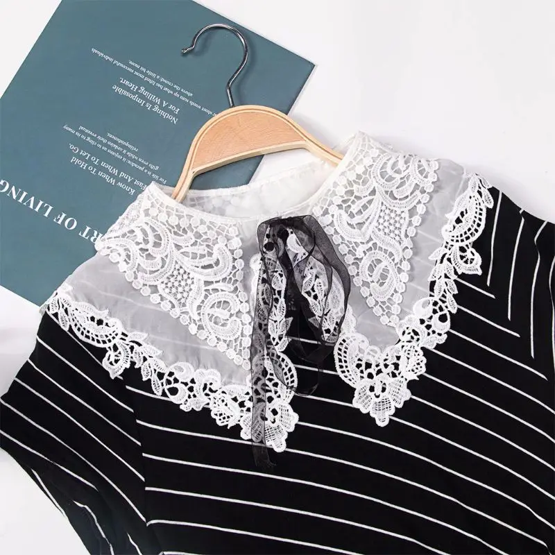 Korean Women Girl Lace Up Bowtie Fake Collar Hollow Out Crochet Floral Chiffon Choker Blouse Dress Sweater Decorative Shawl |