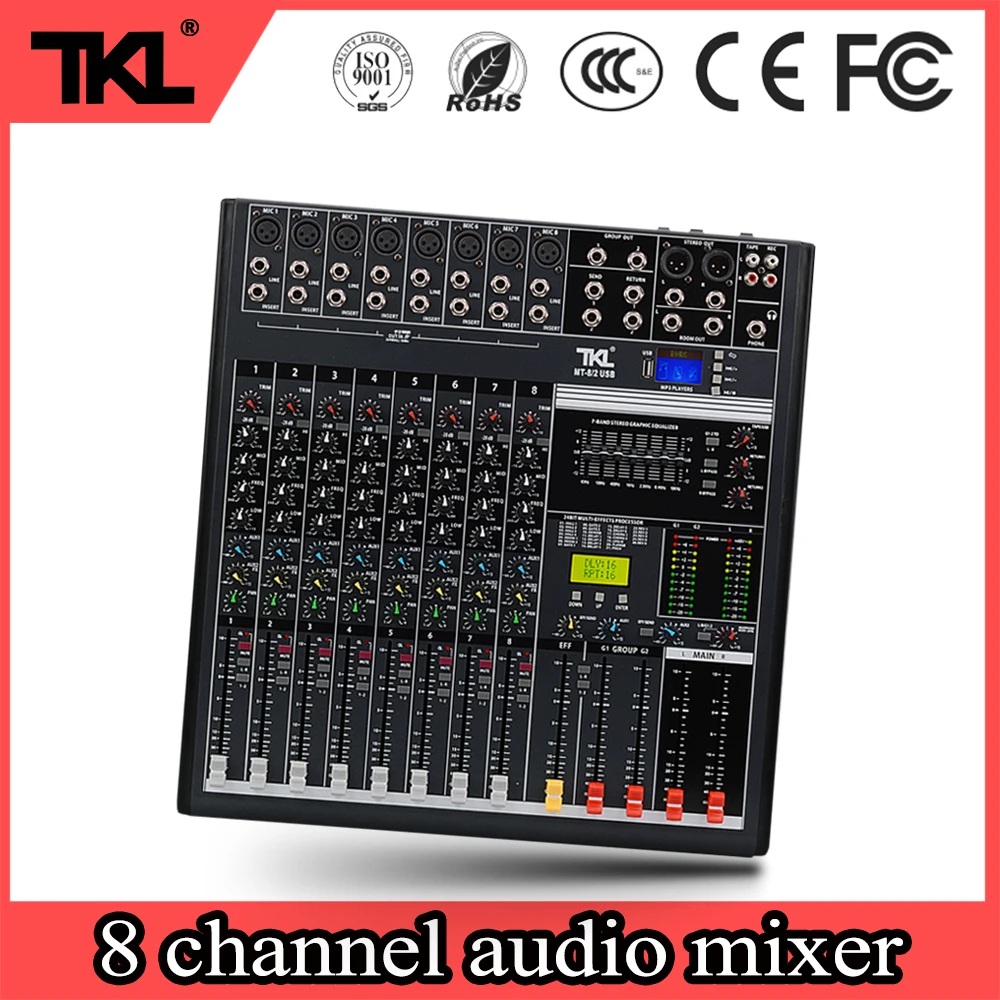 TKL professional 8 채널 DJ 사운드 믹싱 콘솔 스테이지 디지털 오디오 믹서 블루투스 내장 리버브 효과, 프로페셔널 8 채널 DJ 사운드 믹싱 콘솔 스테이지