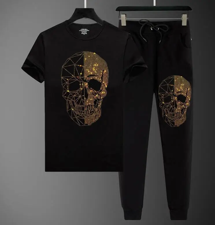

Fashion Men Set short Sleeve Tracksuits Rhinestones summer Male Two Piece Sets Clothing Mens Casual Track Suit Sportswear