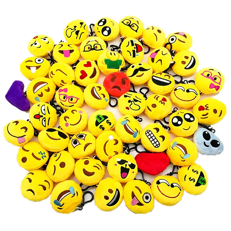 Random 15/30/50PCS a pack Funny expression Keychain Cartoon Plush toy Smiley Car Keyring Bag Pendant Mobile Phone Hanging Rope