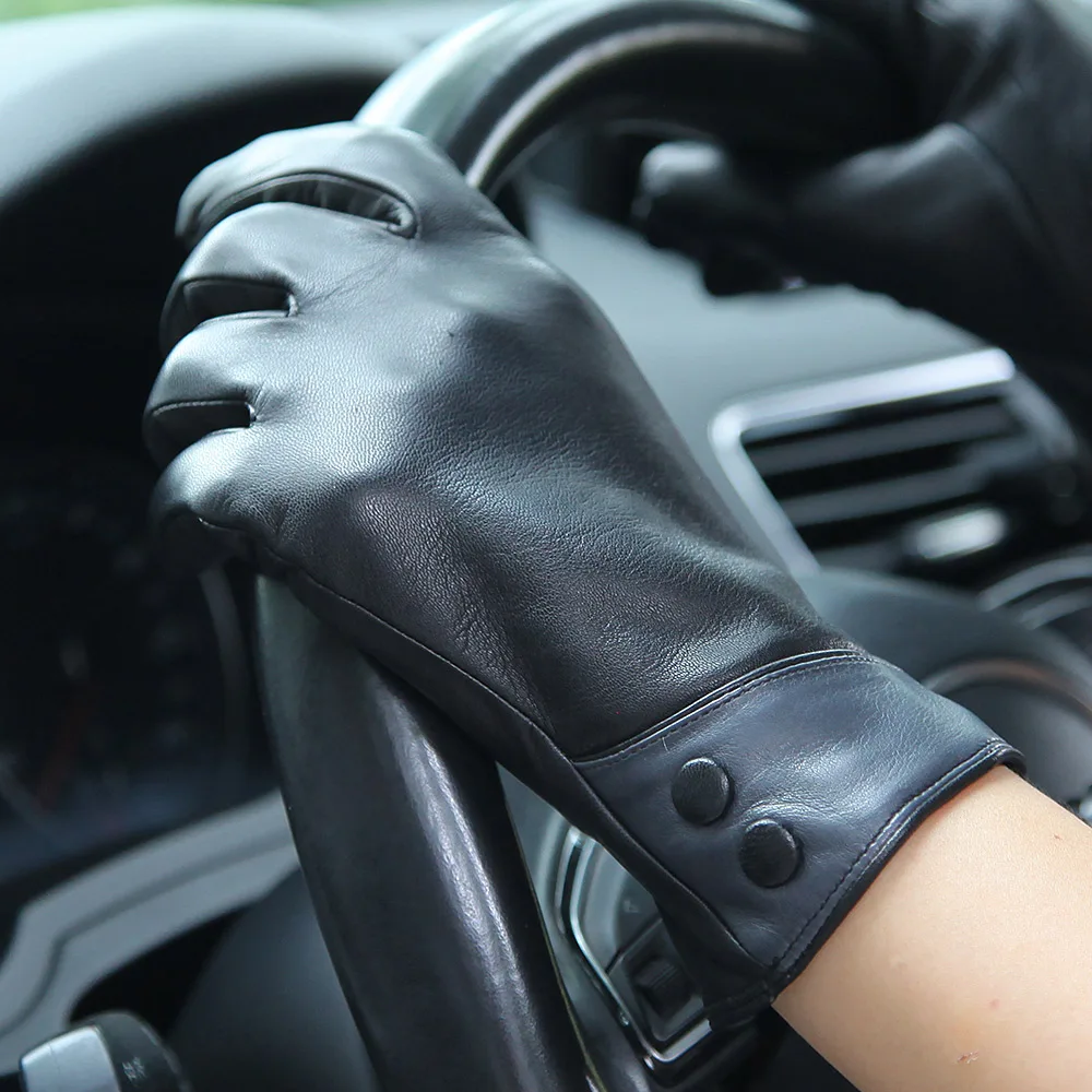 Real Leather Gloves Female Autumn Winter Thermal Wool Knitted Lined Fashion Black Driving Women Sheepskin Gloves L168NZ