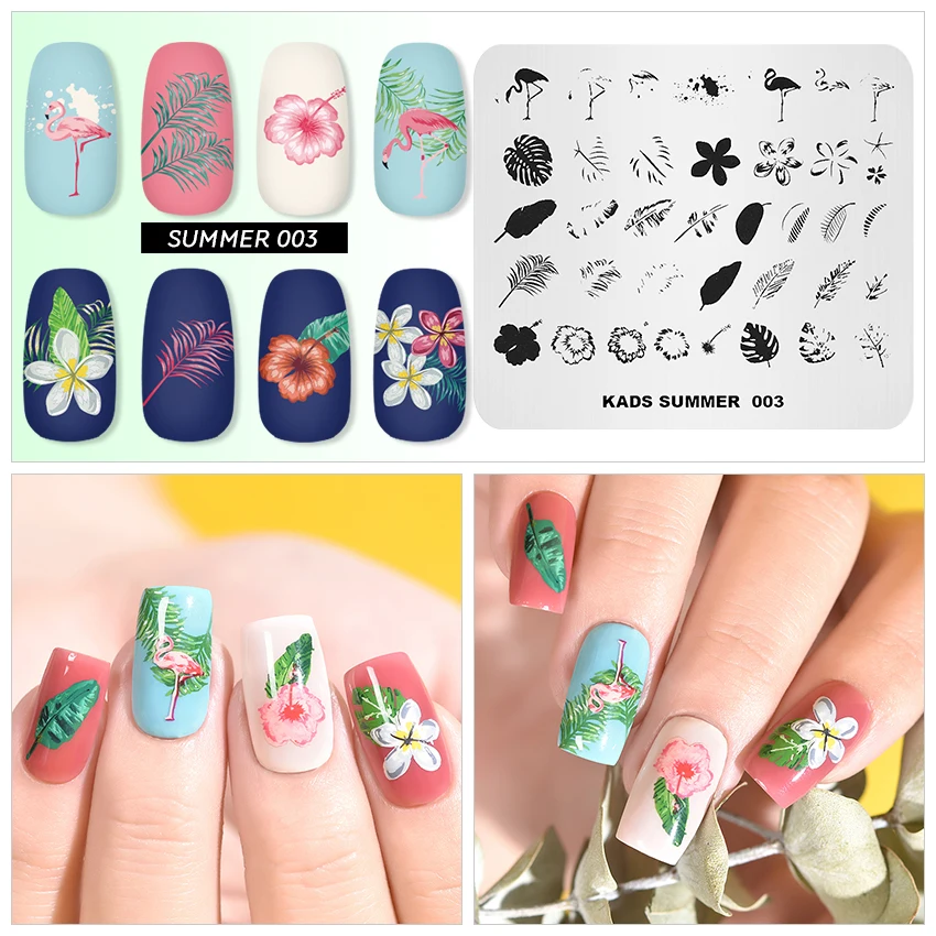 KADS пластины для стемпинга ногтей Летняя тема Фламинго листья Перепечатка Маникюр шаблоны для стемпинга трафарет для нейл-арта штамп