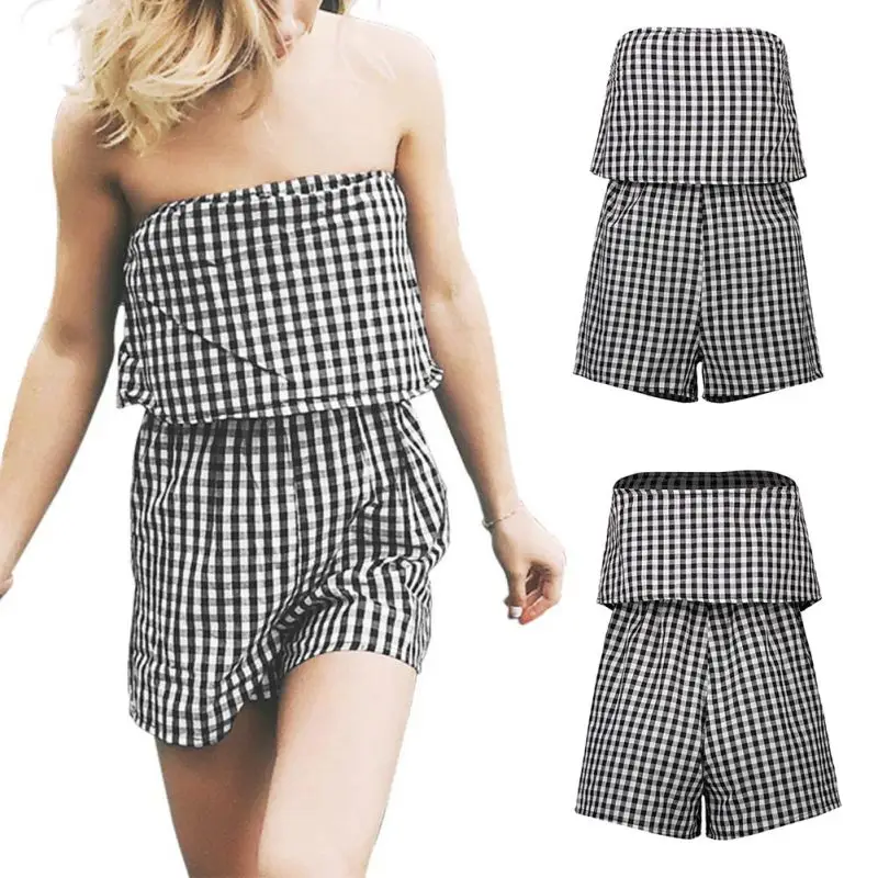 Plaid Playsuit Women 2019 Summer Sexy Off Shoulder Sleeveless Rompers Jumpsuit Beach Party Slash Neck Slim Ruffle jumpsuit | Женская