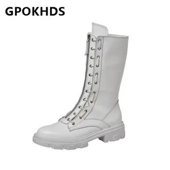 

GPOKHDS 2021 women Mid-calf boots Cow leather Winter short plush Round Toe Zipper Med heels female Riding boots size 39