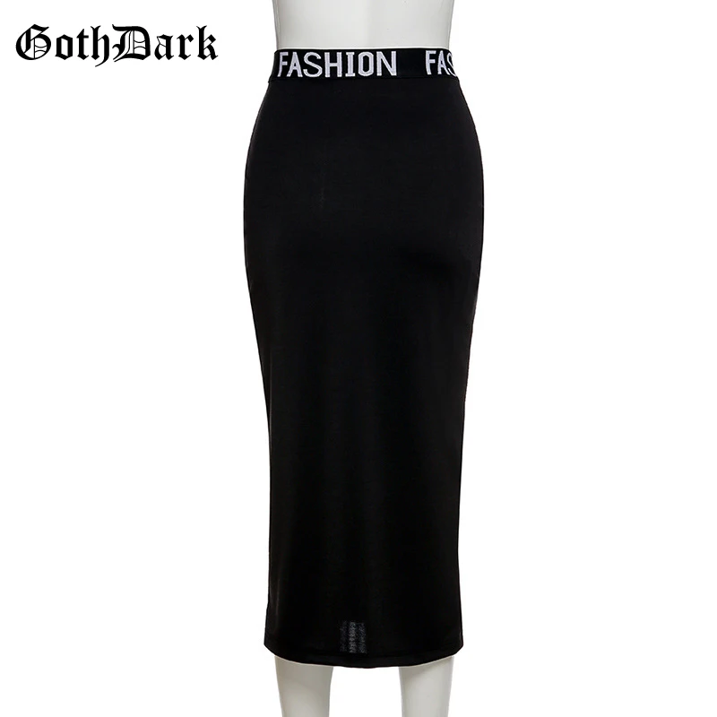 Goth Dark Gothic High Waist Black Midi Dress Y2k Grunge Patchwork Elastic Slit Hem A-line Midi Skirts Women Autumn Streetwear