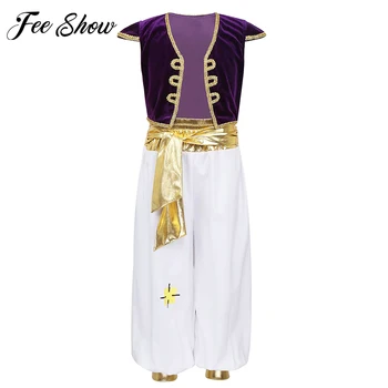 

Kids Arabian Prince Costume Cap Sleeves Vest Waistcoat with Pants Dress Up Boys Halloween Cosplay Theme Party Roleplay Outfit
