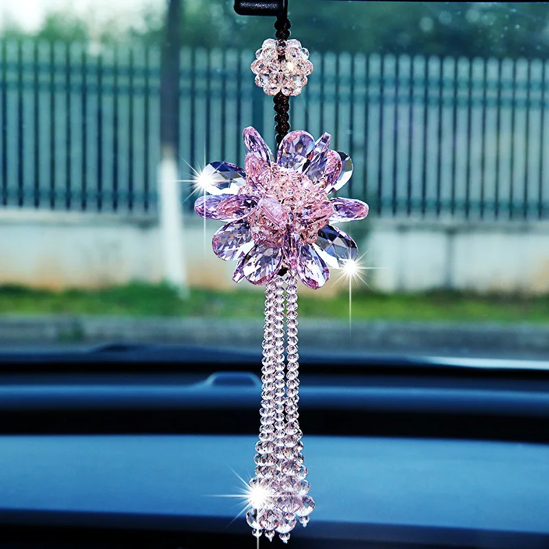 Beautiful Styling Crystal Car Hanging Ornaments Rhinestone Flower Tassels  Pendant Rear View Mirror Car Decoration Accessories