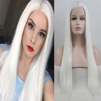 

Bomshell Snow White Silky Straight Synthetic Hair Lace Front Wig Heat Resistant Fiber Hair Middle Parting For White Women Wigs