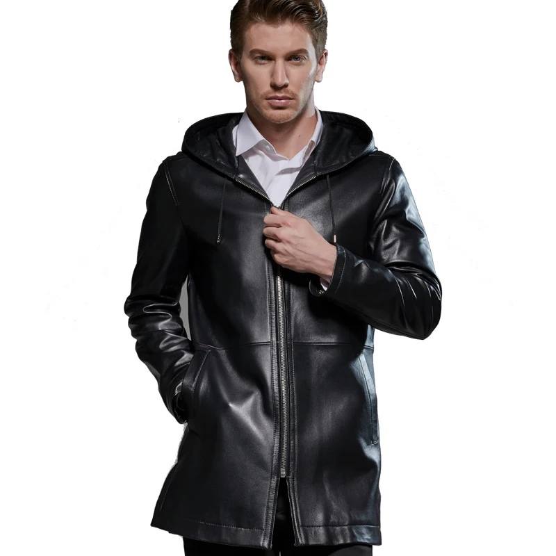 Размера плюс мужская куртка из натуральной кожи с капюшоном пальто из овчины длинная ветрозащитная куртка Cuero Hombre 181719 KJ2291