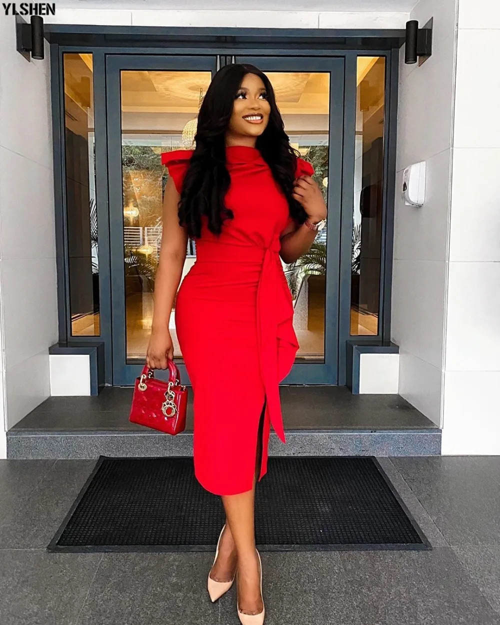 Red Midi Bodycon Dress African Dresses for Women Plus Size Dashiki Summer Clothing Split Evening Party Dress Africa Robe Femme 05