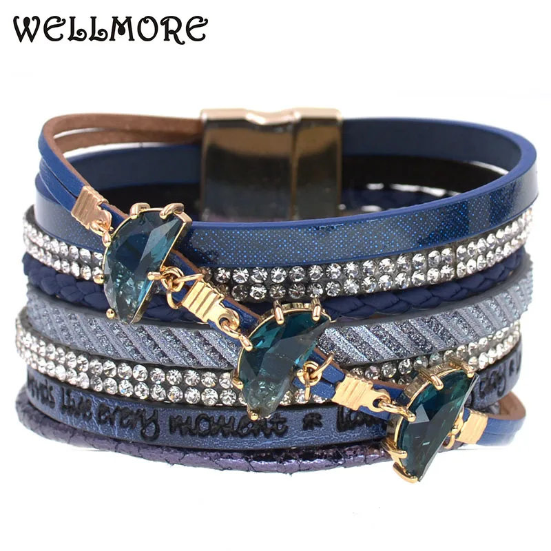 

Leather Bracelet women Trendy glass Rhinestone Crystal Femme charm Bracelets & Bangles wrap bracelets For Women Jewelry