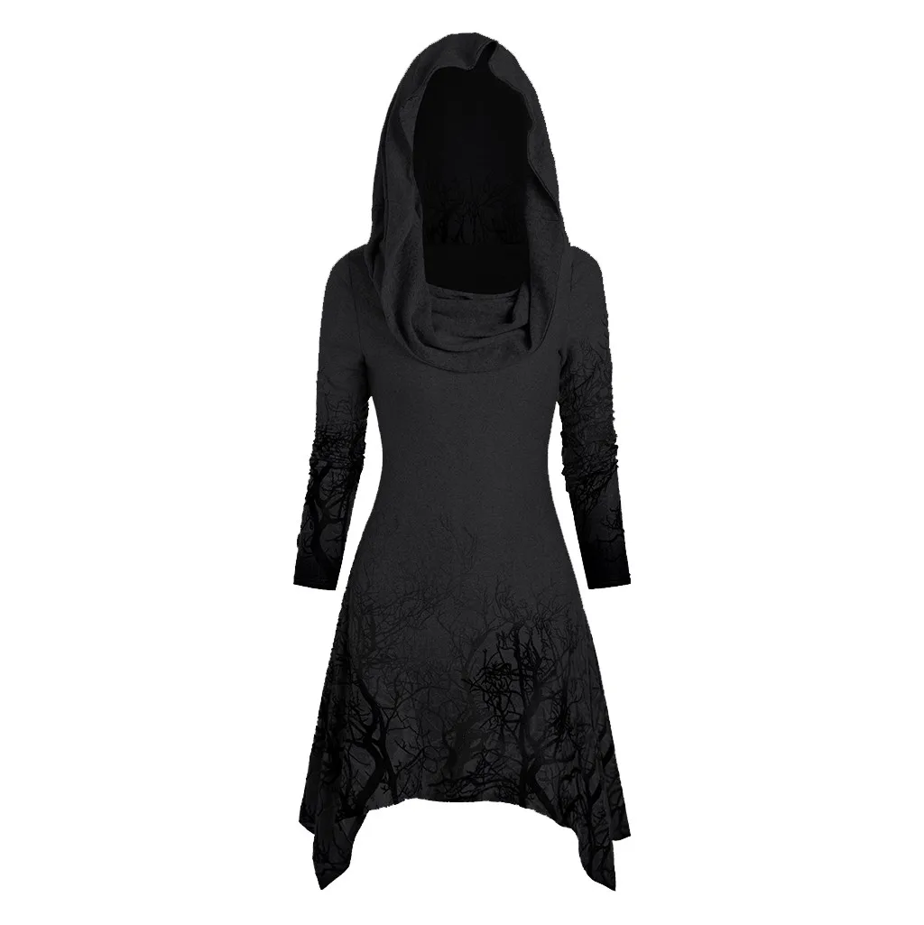 Толстовка длинное женское платье на Хэллоуин с принтом дерева, воротник-трансформер, ассиметричная вязаная одежда, плащ, топы#4