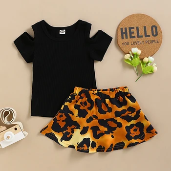 

Fashion Clothes Set Baby Summer Cotton Solid Short Sleeve Round Collar Hollowed T-shirts Leopard Printing Skirts 6M-4T