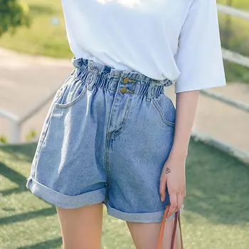 

Summer High Waist Denim Shorts Women Casual Loose Ladies Fashion Roll Up Hem Elastic Waist Pocket Blue White Jeans Female
