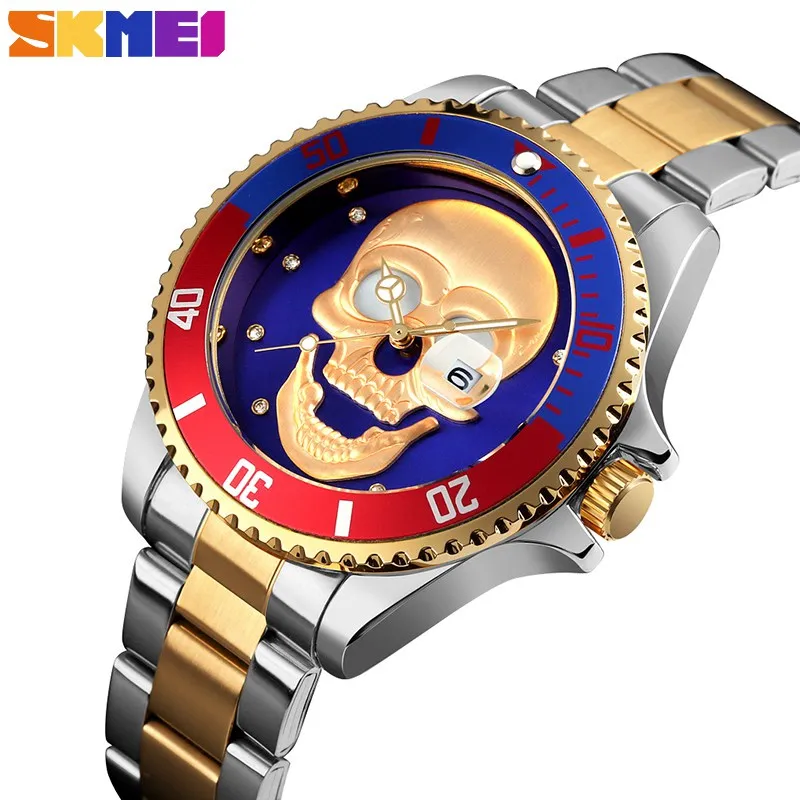 SKMEI Cacual Quartz Watch Men Watches 3Bar Waterproof 3D Relief Pattern Rhinestone Inlay Stainless Steel Strap reloj hombre 9195 afbeelding