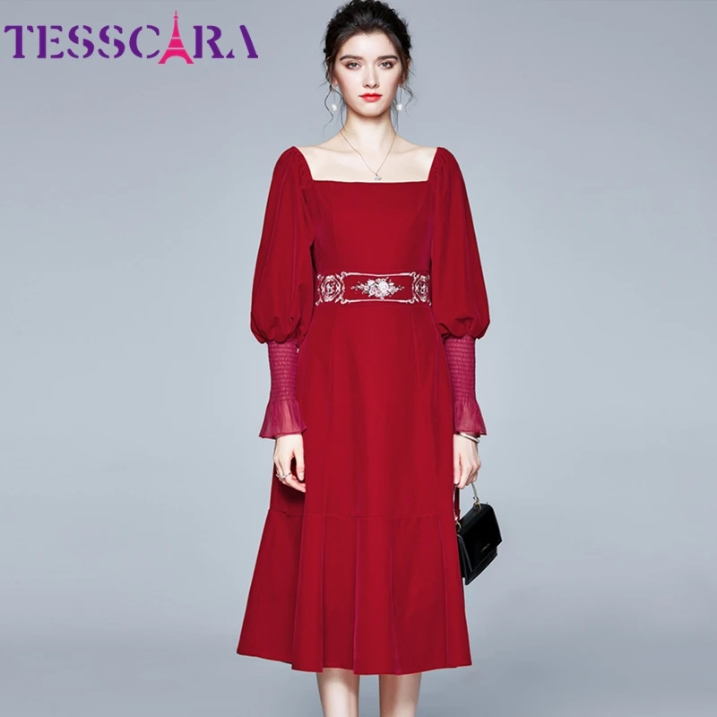 Женское зимнее винтажное бархатное платье TESSCARA с вышивкой высококачественное