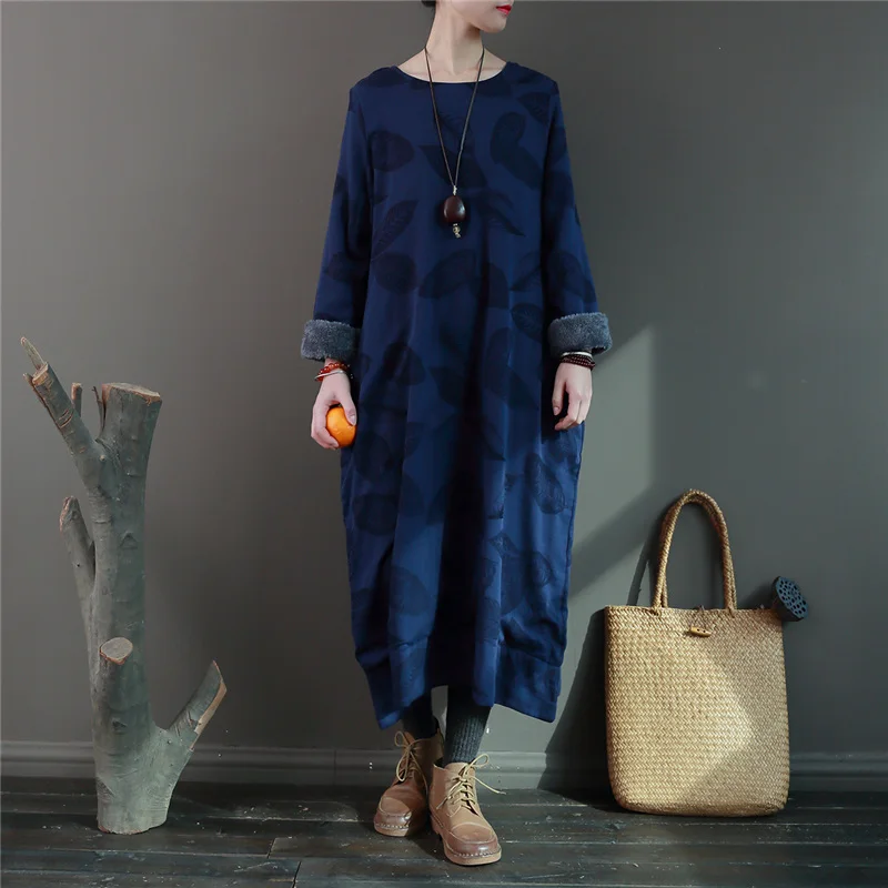 Johnature Women Jacquard Dresses Cotton Linen Robes O-Neck Long Sleeve Fleece 2020 Winter New Vintage Warm Casual | Женская одежда