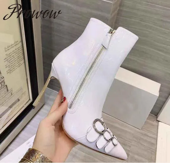 

Prowow New Genuine Leather Sexy Pointed Toe Ankle Boots Luxury Brand Zip Side Blade HIgh Heel Spring Winter Boots Shoes Women
